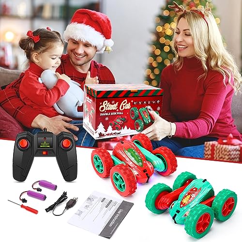 2PACK Christmas Style Remote Control Car RC Stunt Car for Kids,2.4Ghz High Speed Rock Crawler Vehicle,360 Rotating 4WD Off Road Double Sided Rotating Tumbling with 4 Rechargeable Battery，Red+Green