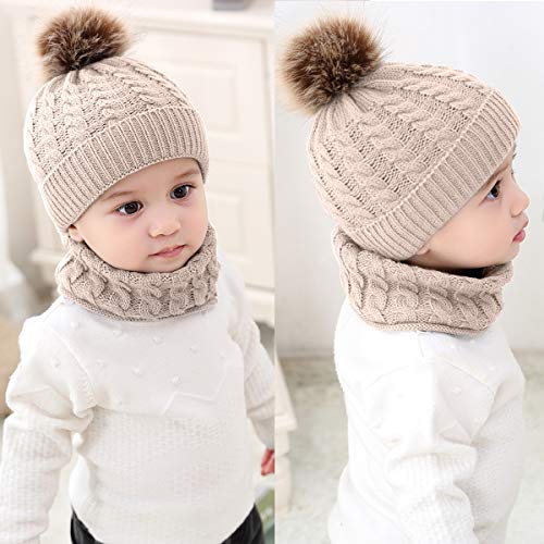 2Pcs Toddler Baby Knit Hat Scarf Winter Warm Beanie Cap With Circle Loop Scarf Neckwarmer (Beige) #TOP3
