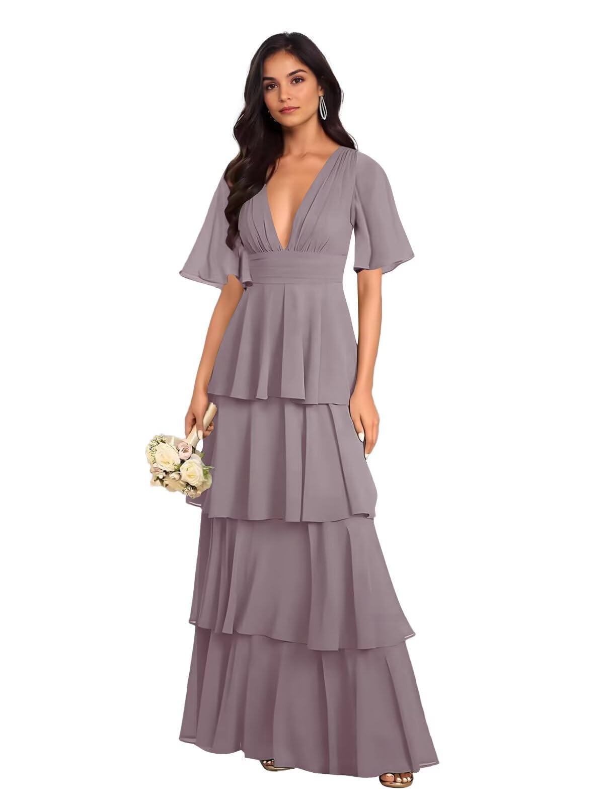 Flügelärmel Chiffon Abendkleider Elegant für Hochzeit,V-Ausschnitt Gestufte Brautjungfernkleider Lang für Damen Stufige Rüschen Festliche Kleider für Hochzeitsgäste