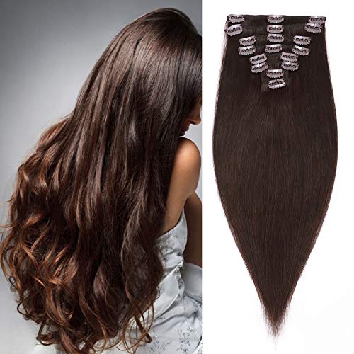 S-noilite 16inch Real Human Hair Clip in Extension 65g 8pcs 18 Clips Wefted Full Head Remy Hair Extensions Clipin Balayage Ombre Silky Straight Natural Ends Clip in Human Hair #4 Medium Brown
