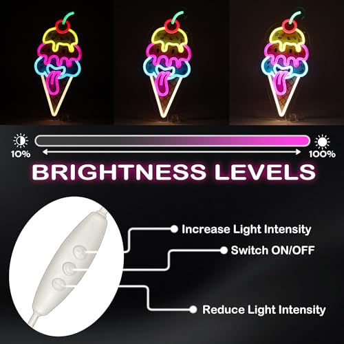 Image of Cute Ice Cream Neon Sign - LED Neon Light Wall Decor with Cherry, Colorful Cone Design, 7.1x12.4 Inches, USB Powered Neon Sign for Bedroom, Kids Room, Game Room, Party Decorations