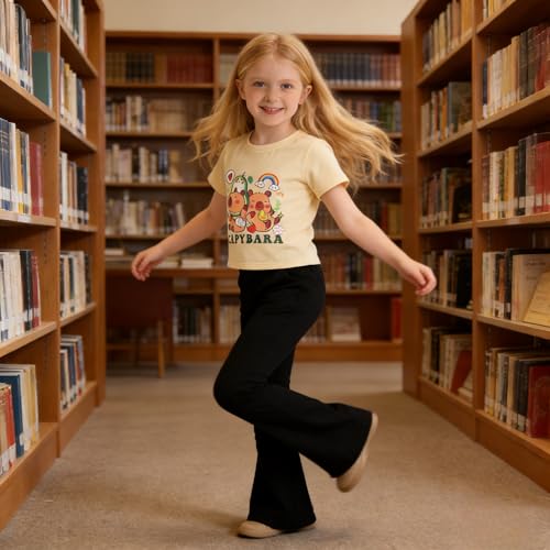 Image of Ayzozuy Tween Girls 2 Piece Outfits Short Sleeve Cartoon Graphic T-Shirt & Flared Pants Kids Clothing Set Size 8-13 Years