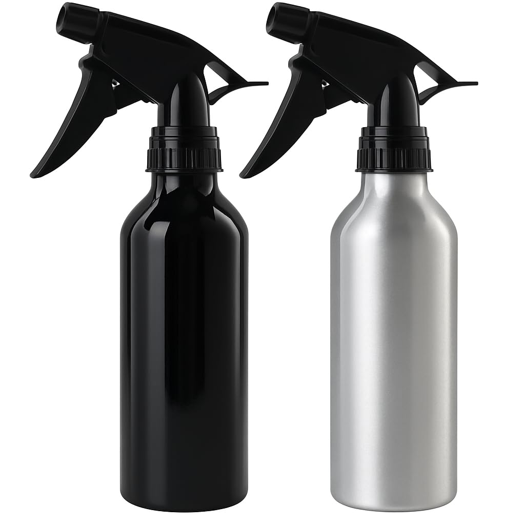 2er Set Sprühflaschen Aluminium 200 ml Nachfüllbar Zerstäuber Pumpsprüher Schwarz Silber BPA-frei