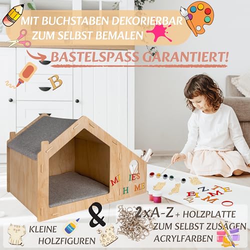 growpile Katzen- und Hundehäusschen aus hochwertigem Kiefernholz mit 2 Trinkschalen aus Edelstahl, zum selbst bemalen und bekleben mit Holzbuchstaben, incl. Acrylfarben
