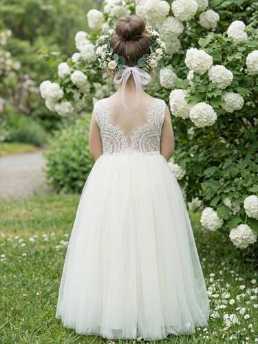 Image of 2Bunnies Girl Peony Lace Back A-Line Straight Tutu Tulle Party Flower Girl Dress
