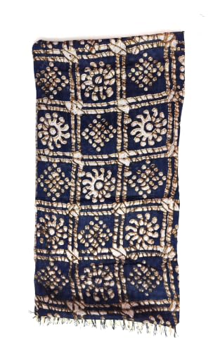 Image of Batik Print Dupatta for Women | Navy Blue and White Floral Geometric Pattern | Cotton Stole