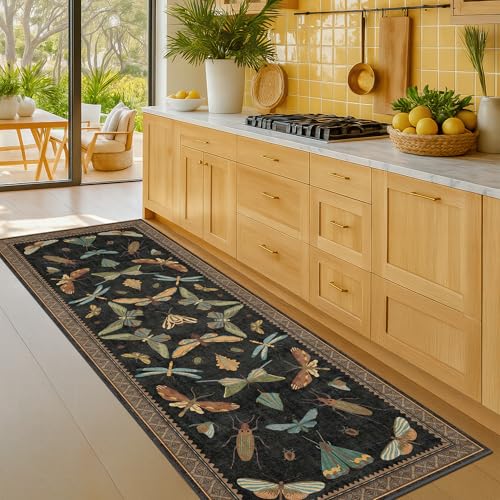 Image of Black Insect 2'6 inchx8' Washable Non Slip Runner Rugs for Hallways, Non Skid Stain Resistant Rug Runners for Kitchen, Entryway, Mudroom -, Dark Floral Boho Cottagecore Home Decor