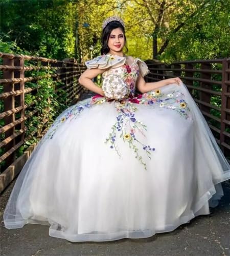 Grxkiming Elegant Ball Gown Wedding Dresses For Bride Women With Sleeve Colorful Flower Lace Applique Off Shoulder Gothic Quinceanera Prom Formal Dress Vestidos De 15 Anos Quince Queen White 18 #TOP5