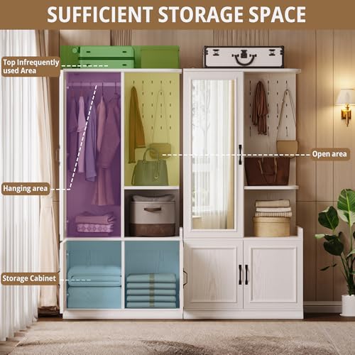 LIKIMIO Armoire Wardrobe Closet, 70" H Wooden Bedroom Armoire with Mirror, 2 Cabinet, Pegboard and a Open Shelf, Large Freestanding Clothing Storage Cabinet with 3 Doors, White - Image 4