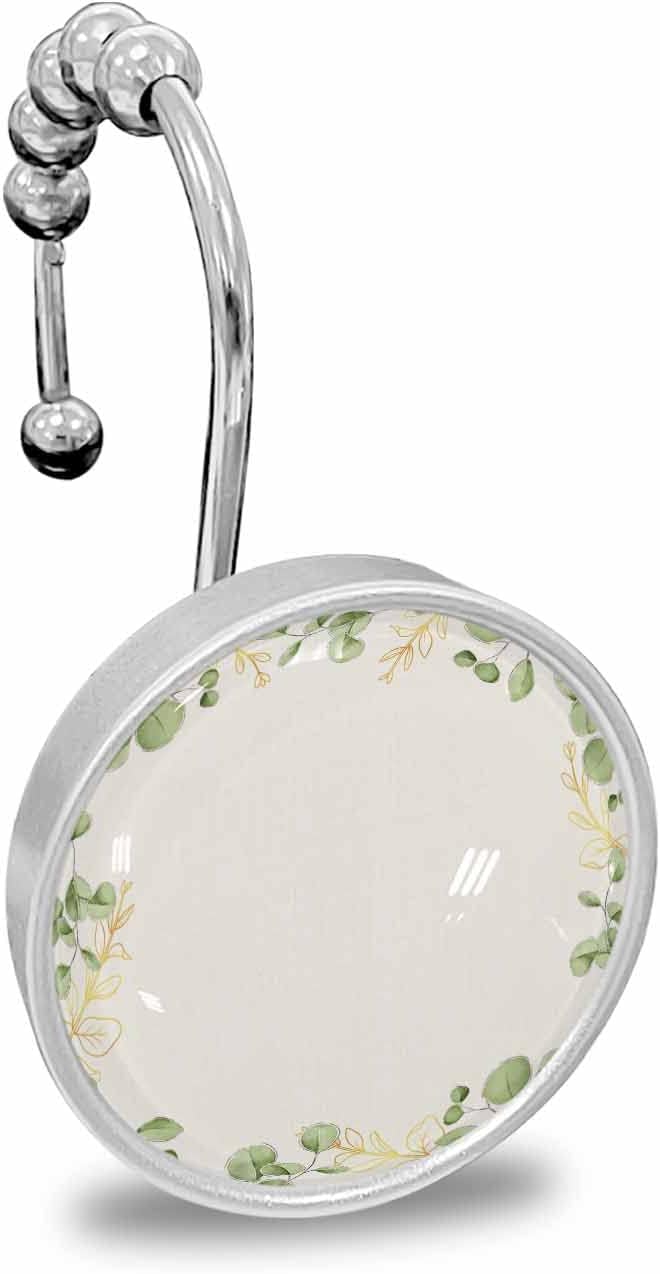 Shower Curtain Hooks, Summer Eucalyptus Leaves Green Watercolor Retro Rustproof Stainless Steel Shower Curtain Rings with Glide Balls Decorative for Shower Curtain and Liner for Shower Rod, 12 Pcs