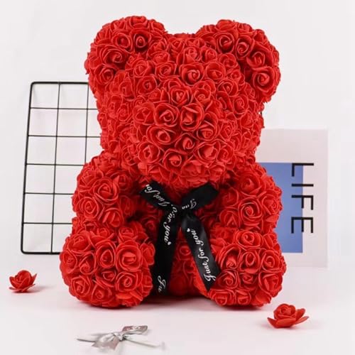 Eldtec Ours en peluche rose – Ours en fleurs rouges pour Noël et Saint-Valentin – Grande fleur artificielle et décoration (40 cm)