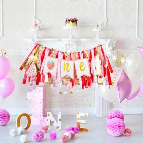 Image of Strawberry Highchair Banner - 1st Birthday Decoration, Sweet One Birthday Party Supplies for Girl Shower, Pink and Red Fairy Strawberry Photo Props