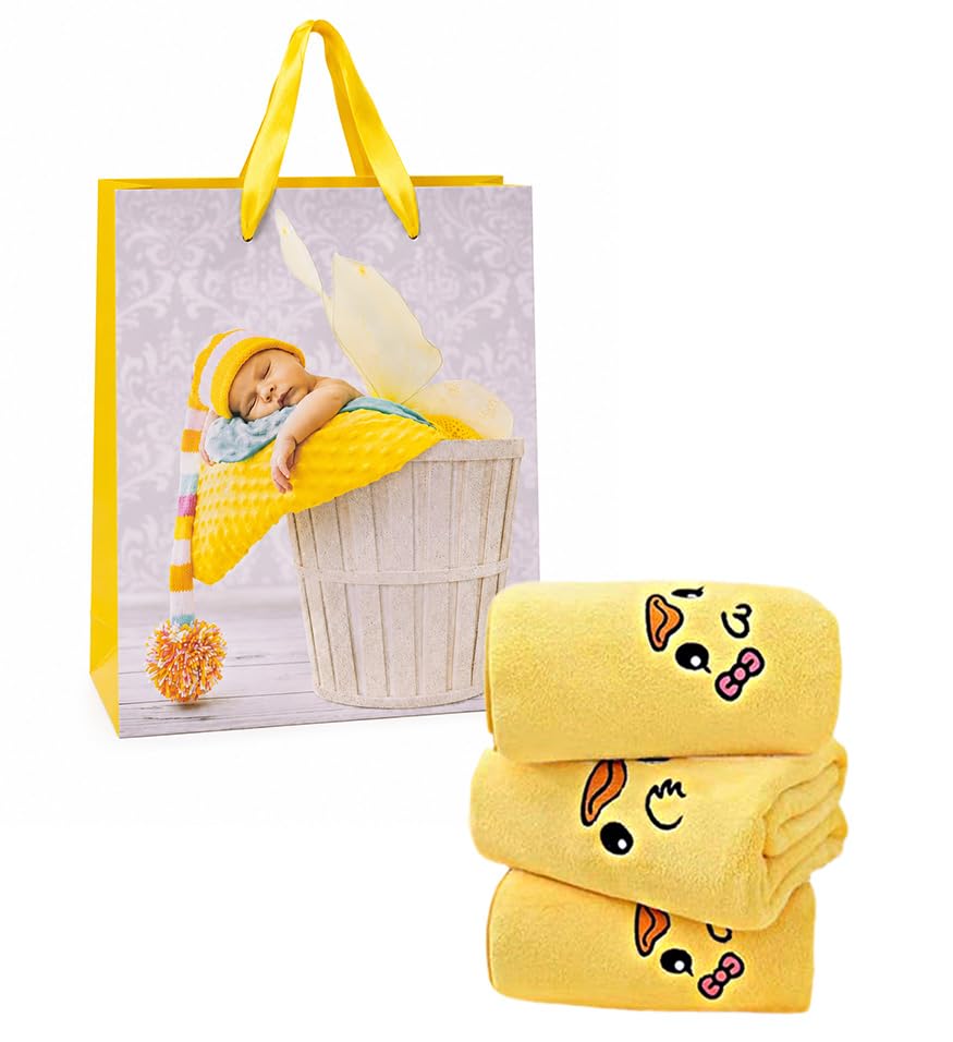 Image of MomCare Newborn Baby Gift Set with Premium Gift Bag & 3 Soft Cotton Baby Napkins, Cute Yellow Washcloth Handkerchief Towels for Infants, Baby Shower Gift, Welcome Baby Hamper for Boys & Girls Yellow Set 3 Pcs