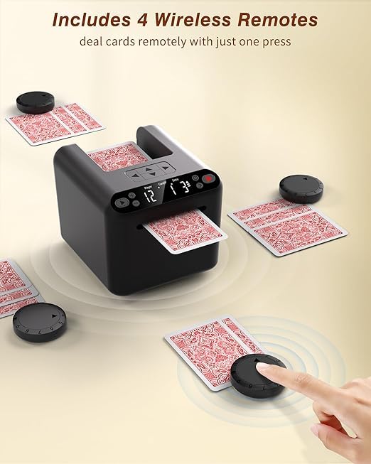 Image of BEBO CREATIONS Top Card Distributor Machine| with 4 Wireless Remotes| Automatic Playing Cards Distribution Machine for Long Playing Session| Supports 1 to 99 Cards Deal & Up 1 to 12 Players