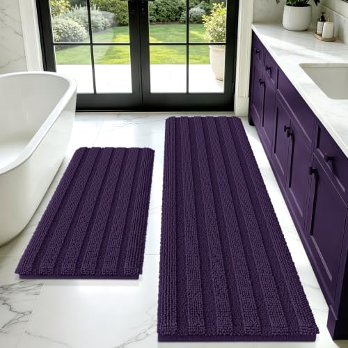 ACCUMTEK Striped Eggplant Purple Bathroom Rug Mat Set 2 piece 32"x20"+60"x20" Ultra Soft, Non Slip Chenille Bath Rugs, Absorbent Plush Shaggy Bath Mats for Bathroom, Bedroom, Kitchen, Shower, Tub