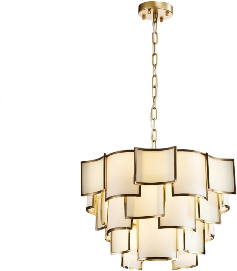 Round Gold Chandelier White Glass 3-Tier Ceiling Pendant Light 9 Lights Elegant Modern Semi Flush Mount Ceiling Light Fixture for Living Room Bedroom Dining Room Dia 23.6"