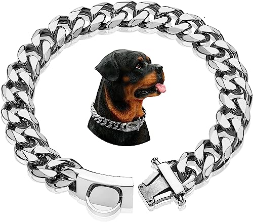 Nicoone Collar de perro de eslabones cubanos, cadena de plata, collar de perro de 15 mm de ancho, collar de cadena de eslabones cubanos con hebilla de metal, anillo en D, disfraz de cachorro