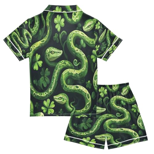 Satin Pajama Sets Short Sleeve Green Snakes Pattern Button Down Silky Nightwear 2 Piece PJS 5-14Y2