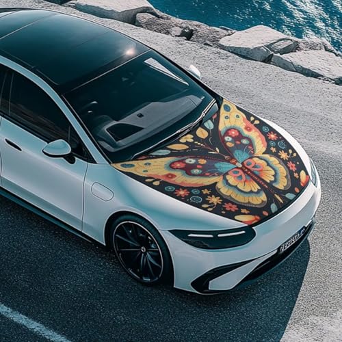 Image of Butterfly Flower Car Hood Cover Washable Elastic Color Butterfly Wildflower Auto Accessories for Ditsy Flower Car Hood Decoration and Protection, Universal Fit
