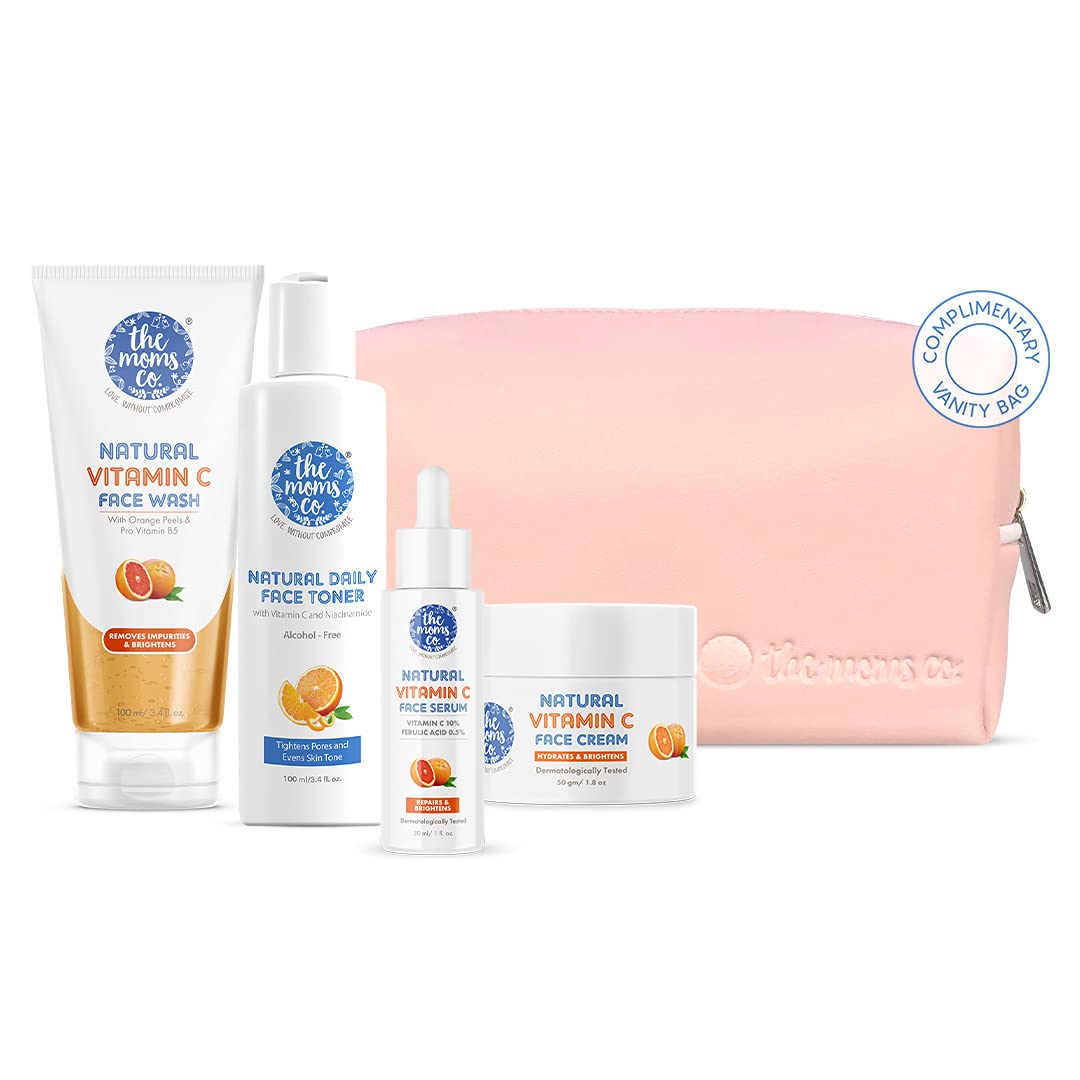 The Moms CoNatural Glowing Vitamin C Complete Face Care Routine Kit l Face Wash I Toner I Serum I Cream l Free Vanity Bag I Pack of 500 gms
