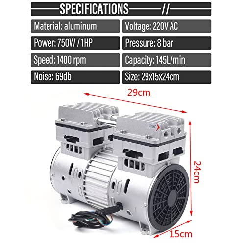 750 W motor voor fluistercompressor, olievrij, persluchtcompressor, luchtafgifte, 8 bar, 145 l/min, 69 dB, stille luchtcompressor, accessoires, 220 V - Afbeelding 3