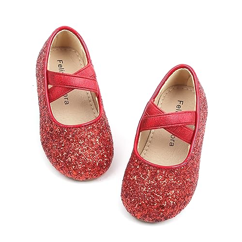 Felix & Flora Girls Toddler Little Ballet Shoes Size 10 - Flower Girls Mary Jane Flats Dress Shoes Party Wedding(Glitter Red,10 Toddler)