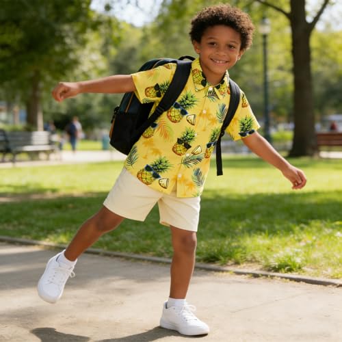 Image of uideazone Size 9-10 Boys Hawaiian Shirts Kids Short Sleeve Button Down Casual Shirt Pineapple Print Blouse Beach Style Summer Wear Tops for Dailywear Camping Hiking Climbing Beach Volleyball