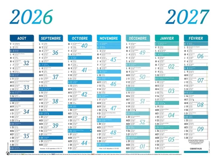 OBERTHUR - 1 Calendrier Mural Scolaire - Format 27 x 21 cm - Août 2026 à Septembre 2027