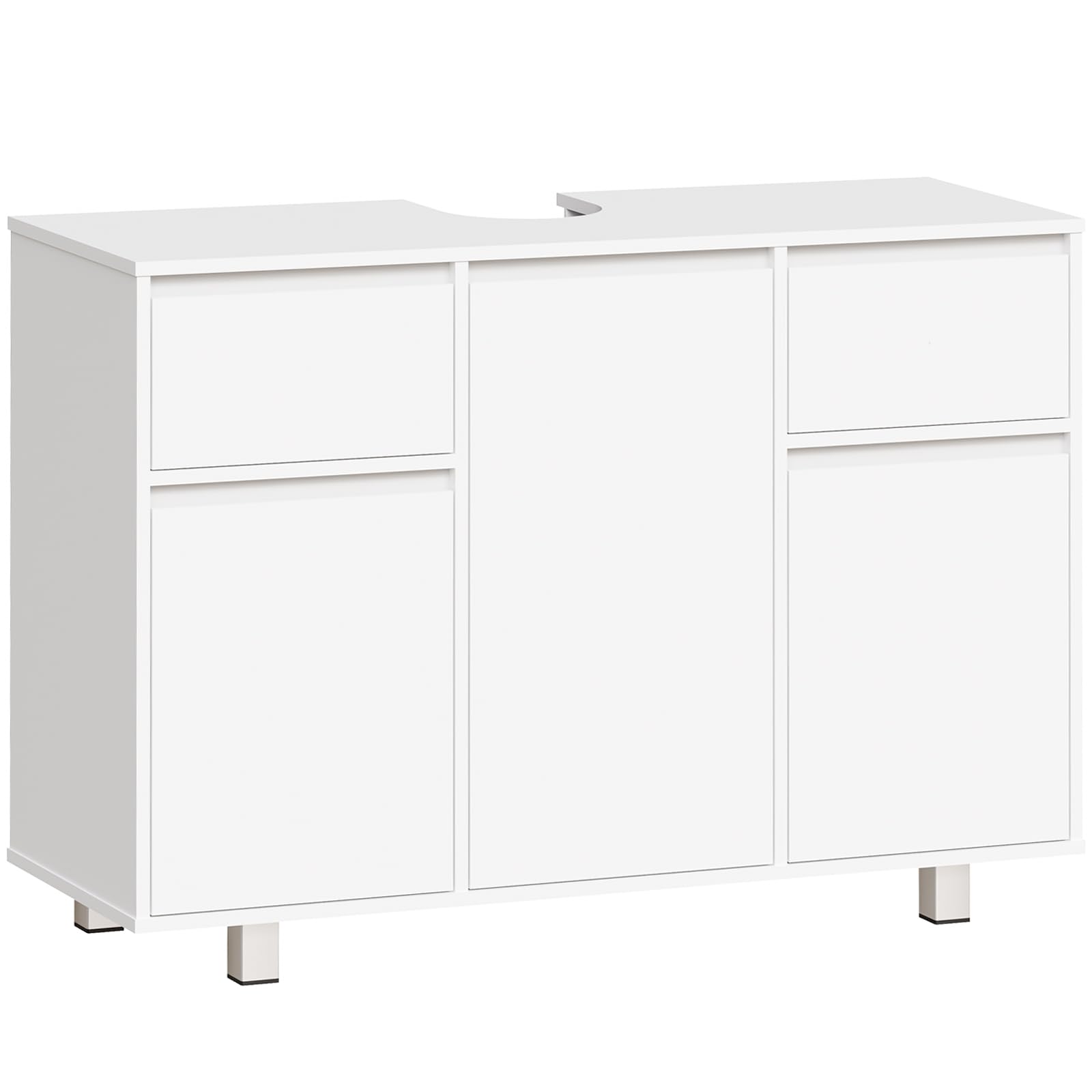 BEWISHOME Waschbeckenunterschrank, Badezimmerschrank mit 2 Schubladen 3 Schrankfächern,Viel Stauraum, Unterschrank Waschbecken mit Füßen, Maße 90 x 30 x 62.5 cm, Weiß