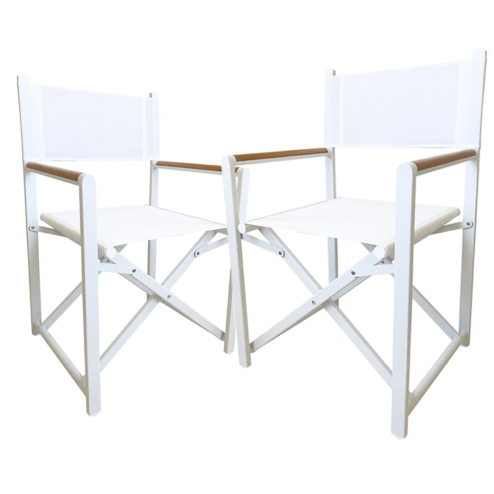 Set 2 Sedie Regista Pieghevoli Fellini | In Alluminio e Textilene Leggere, Textilene Traspirante | Da esterno, da Giardino, Richiudibile, Verniciata a Polvere | 87 x 56 x 45 | Bianca