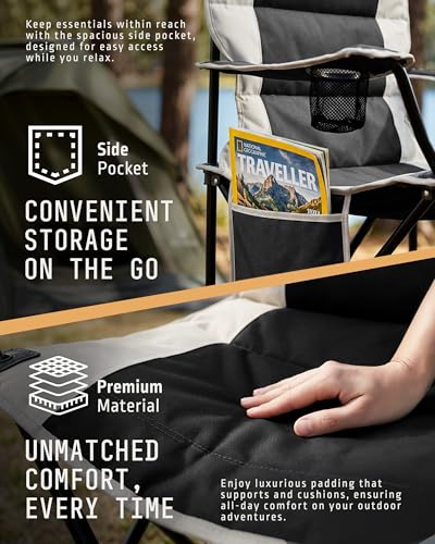Voyager Folding Camping Chairs 2 Pack with Cooler Bag, Lightweight Q195 Steel Frame, 600D Oxford Fabric, Portable & Comfortable - Black (Black, Padded) - Image 5