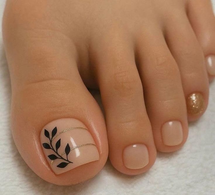 FWS Artificial Press On Toe Nails Art Set, Reusable Stick On Toe Nails Glossy Nude Golden Glitter Leaves (Set Of 24) With Nail Glue, Nail file, cuticle pusher, cleaning wipe-image-32