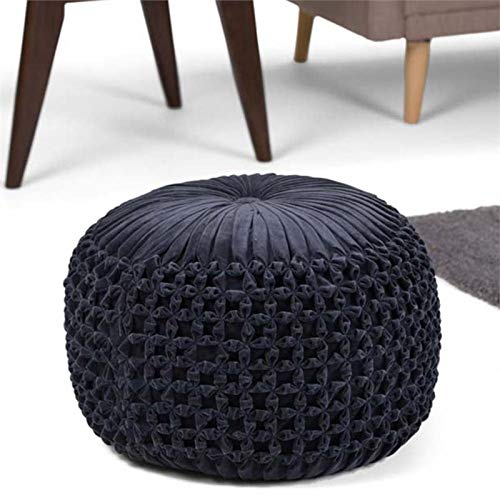 Trent Home Boho Round Pouf in Navy Velvet Fabric