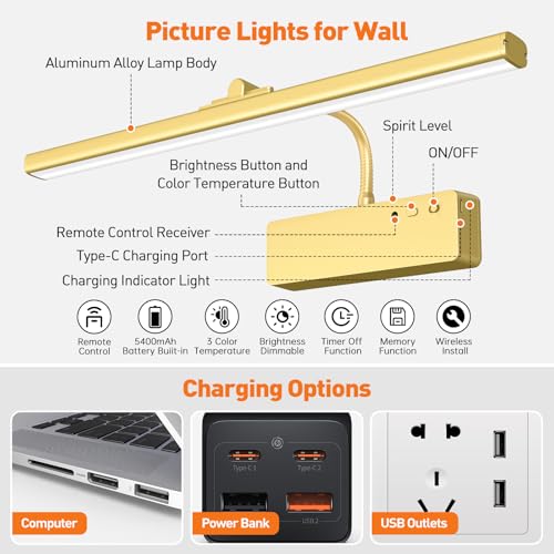 Picture Light, 15.35inch Wireless Picture Lights for Wall Rechargeable, 5400mAh Battery Wall Light with Remote, 3 Color Art Lighting for Paintings with Timer and Dimmable for Display, Gallery (Gold)