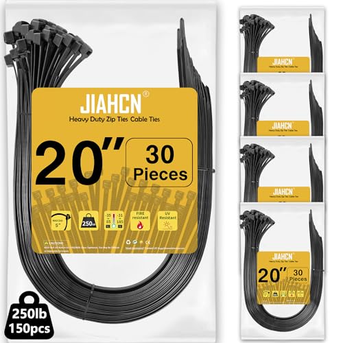 Long Zip Ties Heavy Duty 150 Pack Cable Ties 250lbs Black Cable Ties 20 Inch Industrial Strength Zipties Wide Strong Large Zip Tie Wraps Thick Plastic Wire Ties UV Resistant Cable Tie for Sign,Pillars