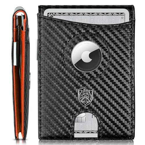 ALPHA PAIR Smart Wallet with AirTag Holder & Clip - Minimalist Bifold RFID Blocking Wallet - AirTag Wallet Men with Money Clip, 10 Credit Card Slots, 1 Transparent ID Window – Mens Wallet- Orange