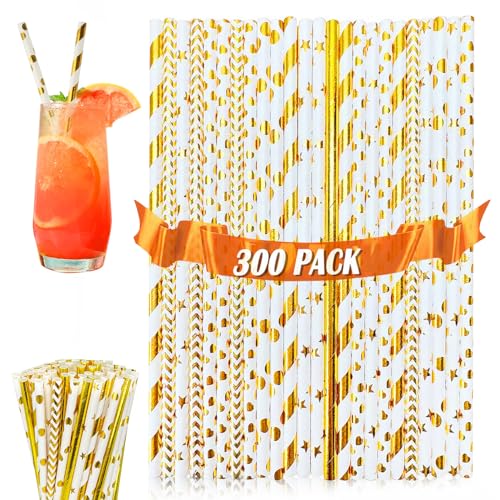 Papiestrohhalme zum Trinken, 300 Stück Gold Bunte Papierstrohhalme, Trinkhalme aus Papier 19,7 cm, Bunte Cocktail Strohhalme Trinkhalme Biologisch Abbaubare für Cocktails Kalte Getränke und Säfte