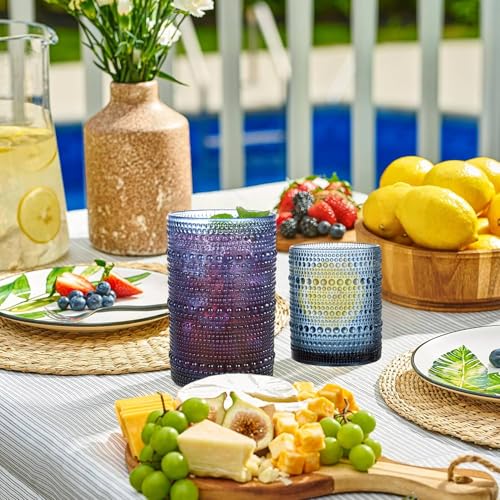 Image of Blue Hobnail Drinking Glasses Set of 8, 15 oz Vintage Highball Glassess & 12 oz Cocktail Glasses, Drinkware Kitchen Glasses for Cocktail, Iced Coffee, Beer, Ice Tea, Wine, Whiskey, Water