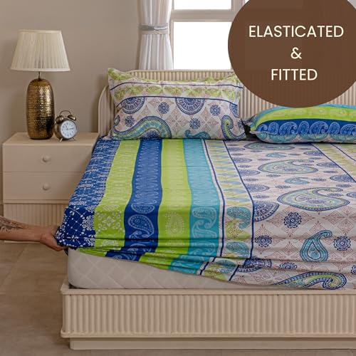 Image of Swayam 100% Cotton King Fitted Bedsheet with 2 Pillow Covers | Size 72 x 78 x 10 inch | 144 TC | Ethnic Motifs Design | Soft Breathable Bed Sheet | Comfortable & Durable for Bedroom - Multicolor