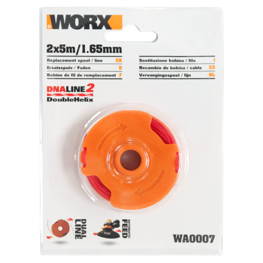 WORX WA0007 Żyłka do podkaszarki do trawy WORX WG118E & WG119E – wytrzymała żyłka zapasowa o długości 2 x 5 m i średnicy 1,65 mm, pomarańczowa
