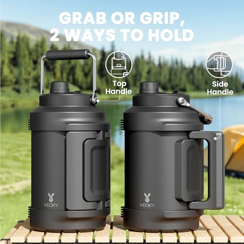 Image of 1 Gallon Insulated Water Bottle for Sports: Meoky 128 oz Triple Wall Vacuum Stainless Steel Water Jug - Top and Side Handles, Cold for 48 Hrs, 2-in-1 Straw and Spout Lid, Leak Proof for Hiking (Night)