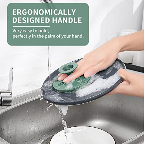 Image of Silicone Dish Scrubber, Non-Scratch Scrub Spong for Washing Dish, Pot, Pan | Kitchen Silicone Sponge, Fruit & Vegetable Cleaning Brush, Reusable Dishwashing Scrubber, Suction Up Hang, 1 Pack, OliveGreen
