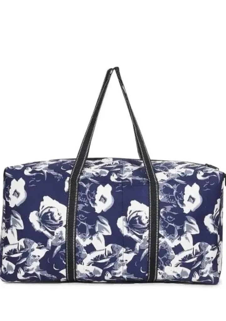 Floral Print Duffle Bag, Navy Blue and White, Large Travel Weekender Tote with Carrying Straps-image-34
