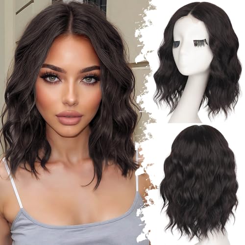 Eawwii Dark Brown Short Wavy Wig for Women Lace Hairline