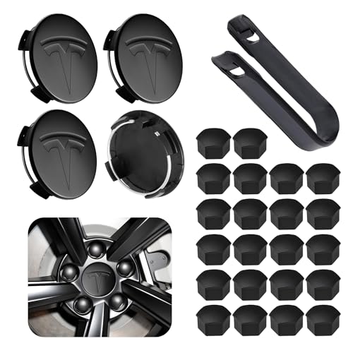 Powlamks 4 Pack Car Wheel Center Hub Cap Kit with 22 Lug Nut Covers 2.2 in (56mm) Wheel Rim Covers Center Hubcaps with Emblem for Model 3 / Y Matt Black Gray & Silver Exterior Decoration for Tesla