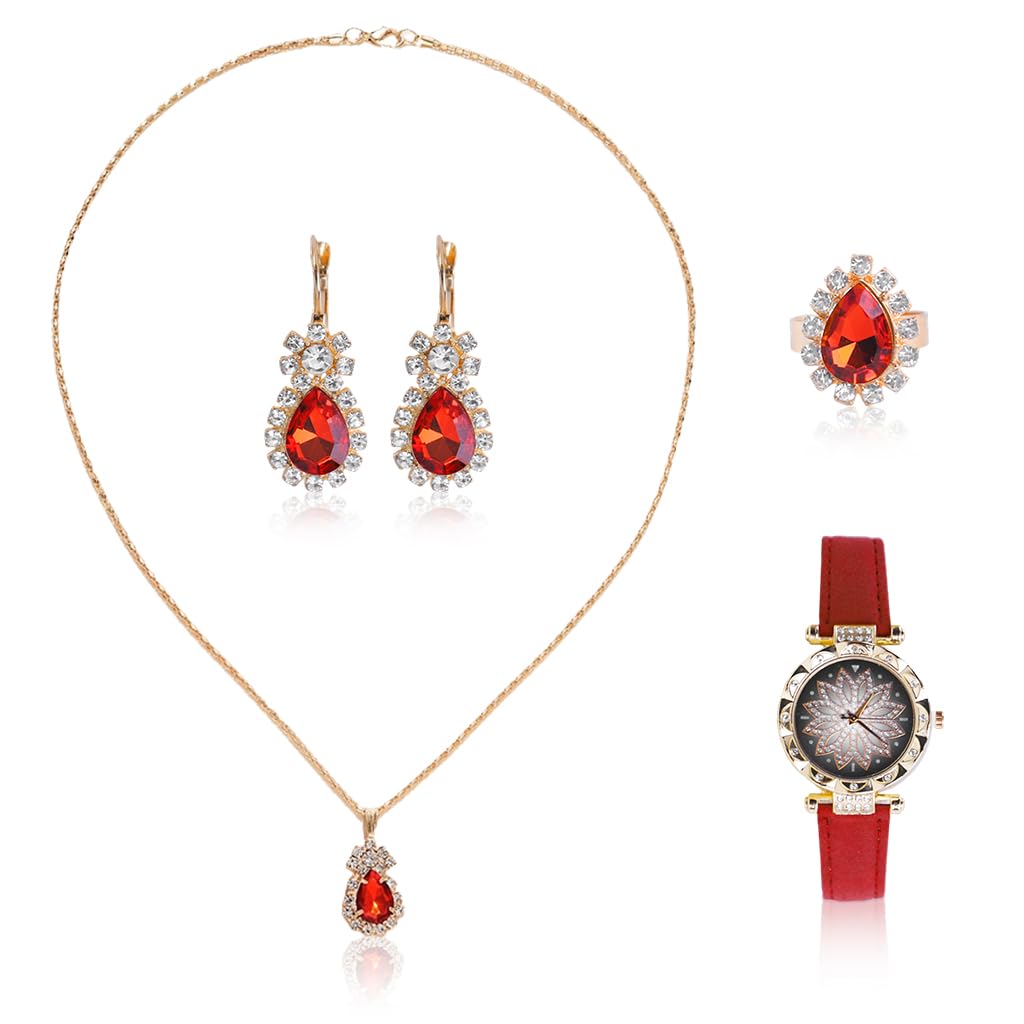 SANNIDHI® Wrist Watch Jewellery Set for Women Girls Luxury Red Rhinestone Necklace Drop Earrings for Women Fashion Ring Earrings Wrist Watch Necklace Set Birthday Gift for Women, Girls, Mom - 5 Pcs (B0D6YBGFCG) Amazon Price History, Amazon Price Tracker