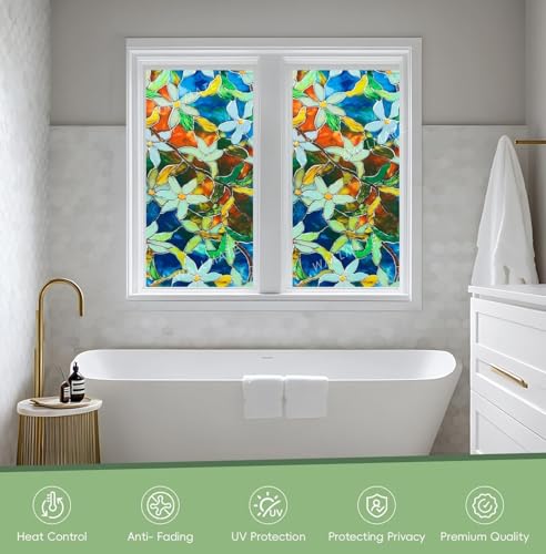 Image of WALLMATE Floral Window Privacy Film Non-Adhesive Reusable Decorative Glass Sticker for Bathroom Bedroom Living Room Sunroof (Mystic Frosted, 24x120 in)