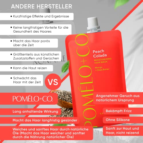 Foto von Pomélo+Co. Peach Colada Haarmaske – feuchtigkeitsspendende Maske mit tropischem Duft – nährende und vegane Haarpflege für trockenes Haar – 100 ml