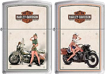 ZIPPO Lighter Harley Davidson Vintage WWII Military Pin up Girls Army and Navy 2 Set Windproof Brushed Chrome