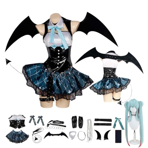 Genérico Anime Miku Cosplay Disfraz Juego de rol Traje con Peluca Pequeño Mapache Vestido Corto Traje Accesorios Conjunto Halloween Comic Con Fiesta Carnaval Uniforme para Adultos Niños Traje Unisex